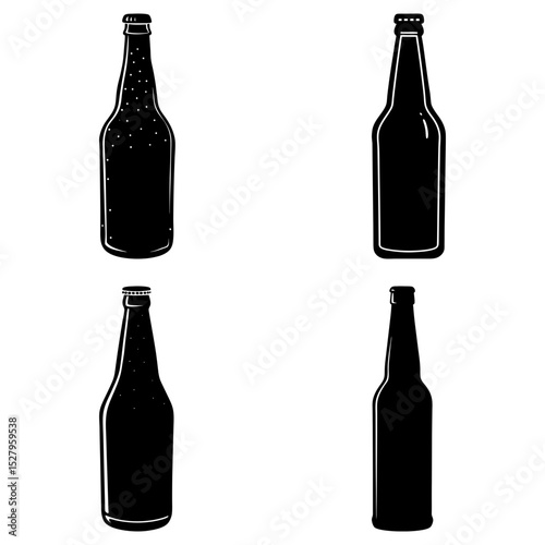 Four black and white beer bottles in varying shapes and styles arranged in a square formation on white