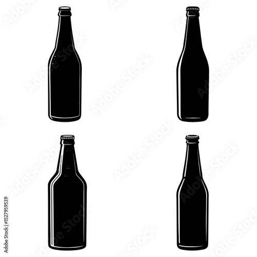 Four black and white beer bottles arranged in a square format with a white background illustration