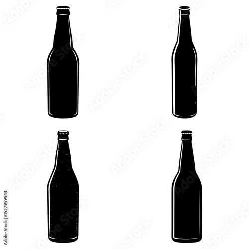 Four black and white beer bottles arranged in a square pattern on a plain white background design image