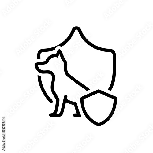 An illustration of a dog inside of a shield. The design is simple and uses a solid outline. The main subject of the image is a dog, and it's inside of a shield. 