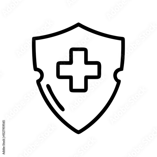 A black outline of a medical shield with a cross in the center, symbolizing health protection and safety
