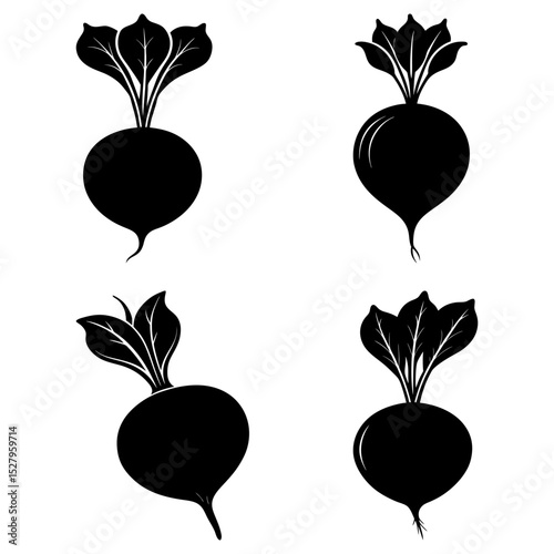 Silhouette illustration of four beetroots with leaves in a simple and minimalist style on white background
