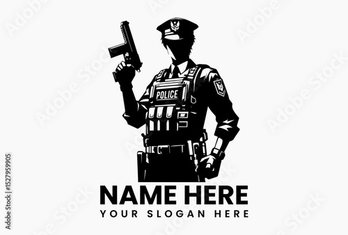 Stylized black silhouette of a police officer in uniform holding a firearm with a serious expression. Law enforcement concept