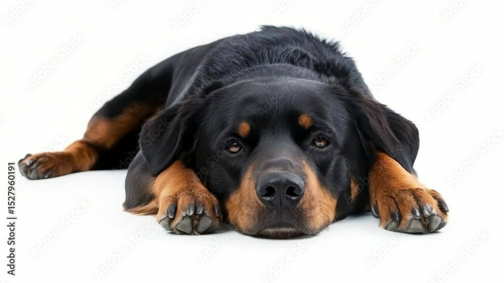 Rottweiler dog lying down with sad eyes, realistic style, isolated on white background. Concept of loneliness, patience, or waiting