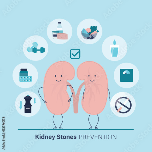 Kidney stones disease prevention infographic. Protection, treatment, diagnosis and symptoms concept. Medical template with set of icons and funny kidneys mascot. Healthcare