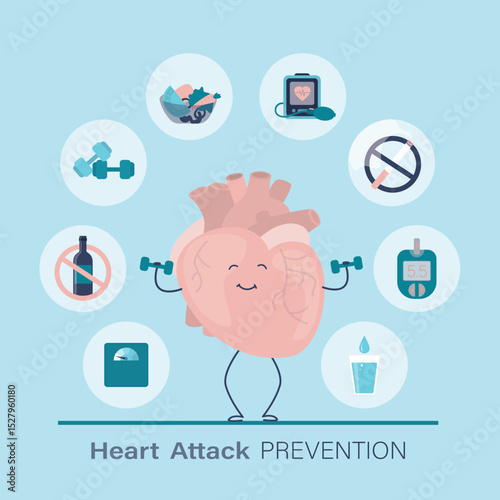 Strong heart bodybuilding with dumbbells. Heart attack prevention infographic. Healthy food and sport for strong heart. Cute character human heart, funny mascot.