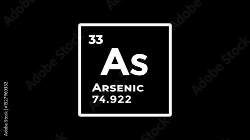 Arsenic, chemical element of the periodic table graphic animation. Alpha channel. Transparent background motion design. 4K resolution