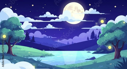 Cartoon animation of a full moon over a serene landscape, with trees, water, and twinkling fireflies, creating a peaceful and magical night scene under a starry sky.