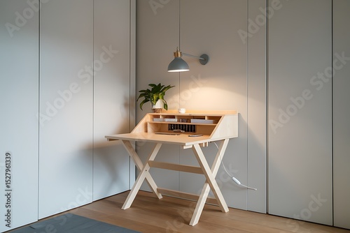 A Simple and Stylish Light Wooden Desk with a Wall-Mounted Lamp photo