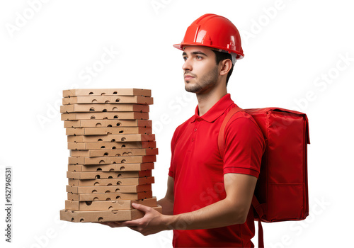 Isolated Pizza Delivery Man Carrying Stack of Boxes photo