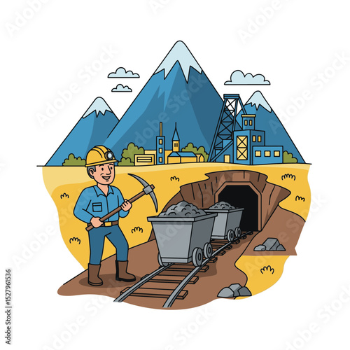 Simple Mining Scene Illustration with Miner and Carts