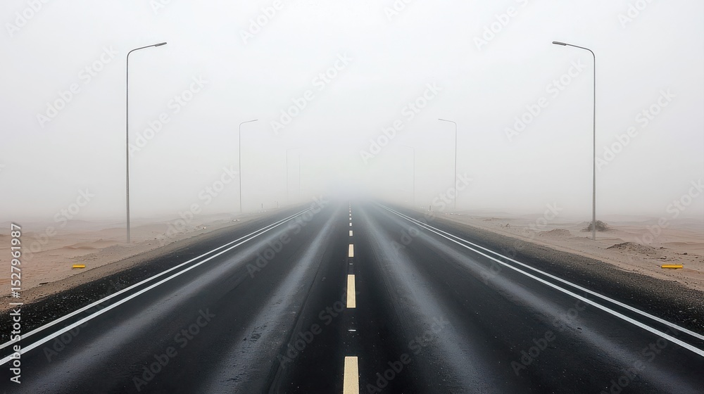 Fototapeta premium A deserted, wet road stretches into dense fog, flanked by barren land and streetlights fading into the misty distance.