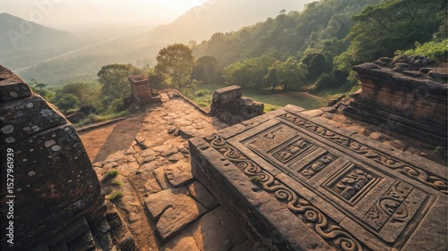 Ancient Temple and Landscape: Panoramic vista showcases a historic temple nestled amidst lush green mountains, ancient ruins, and expansive landscapes, and a sense of awe.