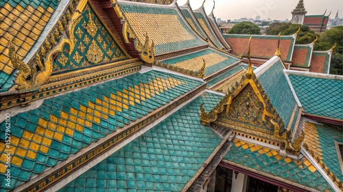 Temple's Rooftop Glory: Intricate tile architecture design on a historic temple's roof, reflecting the architectural splendor. A mesmerizing view of the rooftops showcases cultural heritage.