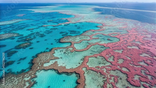 Azure Reef Embrace: Aerial view showcasing the mesmerizing beauty of a coral reef, where vibrant hues of azure and magenta dance in harmony, symbolizing the ocean's splendor and delicate ecosystem.