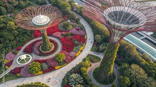 Gardens by the Bay: A breathtaking aerial view showcases the unique Supertree Grove in the Gardens by the Bay, Singapore.