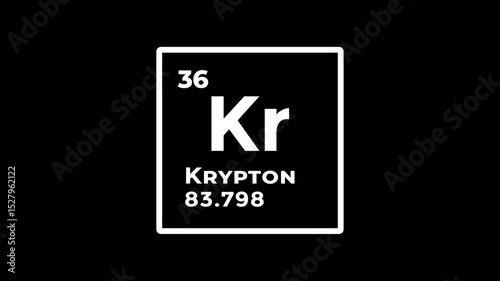 Krypton, chemical element of the periodic table graphic animation. Alpha channel. Transparent background motion design. 4K resolution