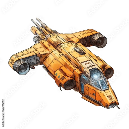 A white space ship with a red stripe on the side.  , isolated on white background.