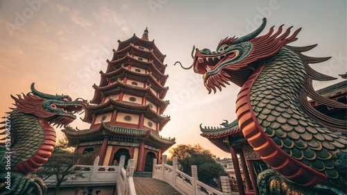 Dragon Statue in Chinese Temple: The majestic dragons frame a towering Chinese temple under a picturesque sky, exuding an aura of ancient tradition, cultural significance.