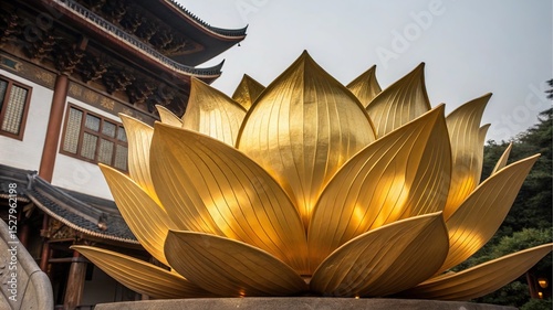 Golden Lotus: A captivating close-up captures the beauty of a majestic golden lotus sculpture. Its intricate petals glow against the backdrop of an ancient building. Evoking a sense of serenity.