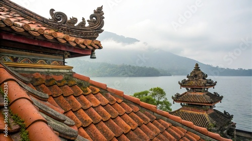 Bali Temple by the lake: A serene shot captures a traditional temple with ornate tile roof situated near a tranquil lake with a backdrop of rolling hills in Bali. It whispers of spirituality.