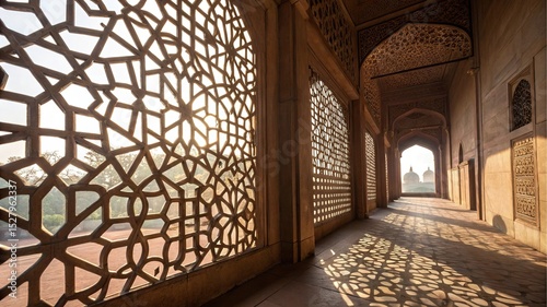 Intricate Shadowplay: The sun casts its golden light through an ornate window, creating a stunning mosaic of shadows that dance across the textured surfaces of an ancient building.