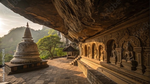 Ancient Cave Temple: Serene ancient cave temple nestled in mountainside, showcasing intricate carvings and a stupa at sunrise.