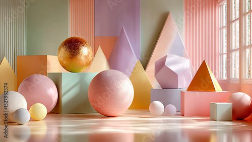 Geometric 3D shapes in pastel colors background