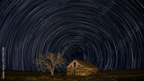 Long exposure video star trails over a small, lonely house in a rural landscape at night, symbolizing solitude and vastness