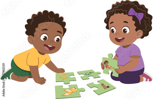 "Two Children Playing with Animal Puzzle: Illustration of Early Learning, Teamwork, and Joyful Playtime"