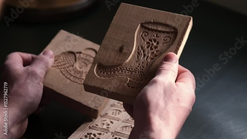 Christmas baking forms. Wooden stamps for cookies and gingerbread in the hands of a man.Wooden baking molds. 4k footage