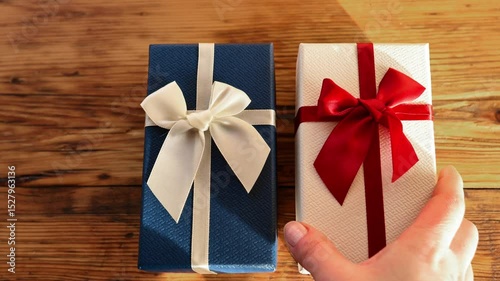 Three gift boxes with bows in hands close-up.Surprises and gifts for the holidays. Preparing gift boxes for festive events. 4k footage