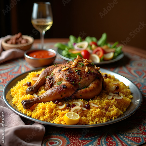 Traditional Chicken Mandi with Spiced Rice and Garnishes – Arabic Cuisine