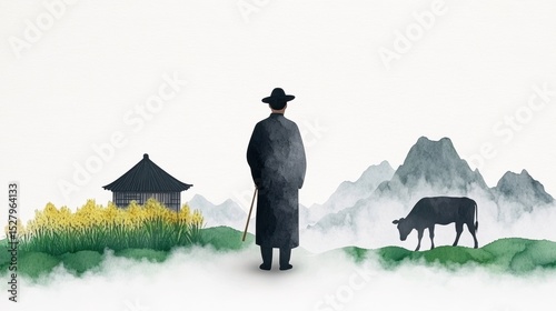 A serene landscape showcases a figure in traditional attire overlooking mountains and a grazing cow, ideal for themes of tranquility, rural life, or cultural heritage, This can be used in articles