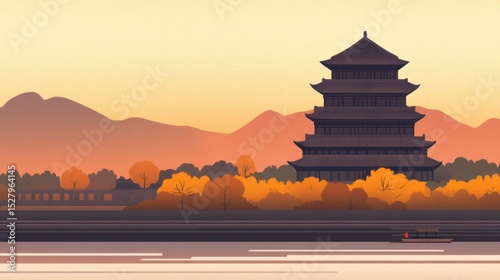 A serene landscape featuring a traditional pagoda surrounded by autumn trees and mountains in twilight hues, Ideal for travel brochures, cultural articles