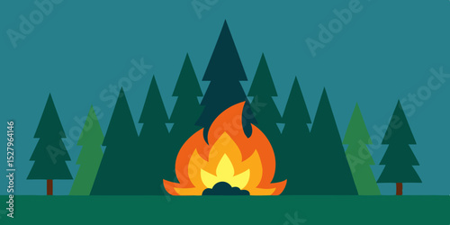 A cozy warm crackling bright and fun campfire in woods cartoon video background scene vector illustration