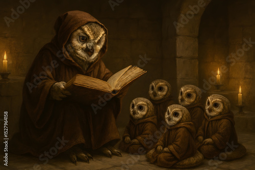 Monastic owl teaching group of baby owls from ancient book in medieval candlelit chamber