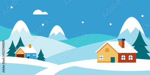 A cozy festive quiet charming and cold village under cartoon video background scene vector illustration
