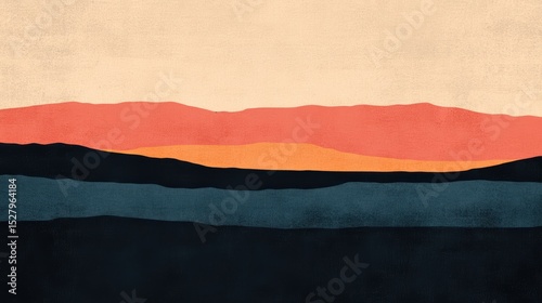A minimalist landscape featuring layered colors of black, blue, orange, and red, set against a light backdrop, ideal for backgrounds, art projects, and design elements,