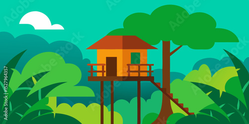 An adventurous hidden remote high and fun treehouse cartoon video background scene vector illustration