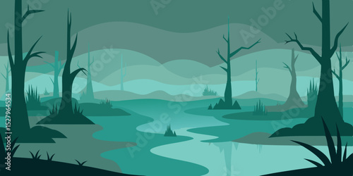 A spooky mysterious eerie dense and dark foggy swamp cartoon video background scene vector illustration