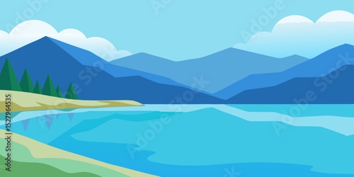 A pristine clear tranquil turquoise and pure crystal lake cartoon video background scene vector illustration