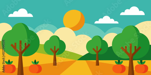 A bright fruitful idyllic blooming and fresh sunny orchard cartoon video background scene vector illustration