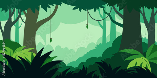 A high looking dense verdant and lush jungle canopy cartoon video background scene vector illustration