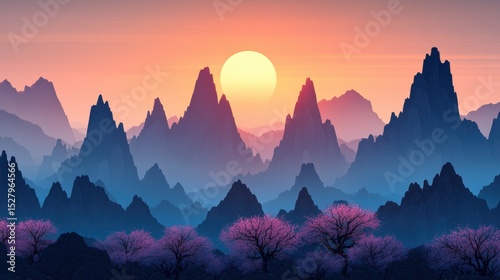 A stunning digital landscape featuring mountains under a vibrant sunset, framed by blooming trees, Perfect for nature-themed projects, wall art, or as a serene background for websites,