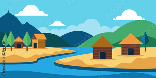 A quaint peaceful charming small and pretty riverside cartoon video background scene vector illustration