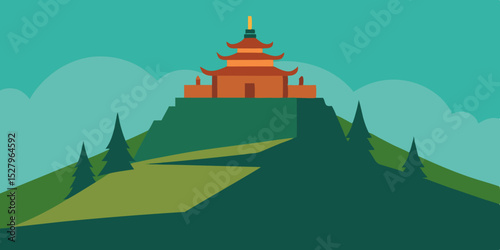 A serene sacred ancient remote and high hilltop temple cartoon video background scene vector illustration