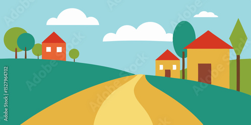 A quaint cobblestone country pretty and old village road cartoon video background scene vector illustration