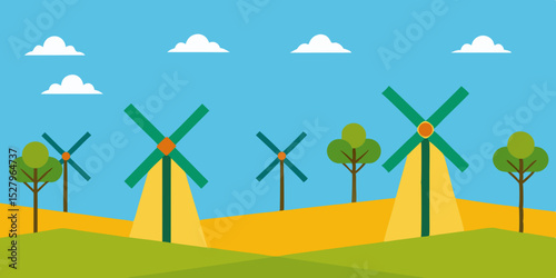 A windy rural traditional old and quaint windmill field cartoon video background scene vector illustration