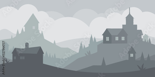 A mysterious misty quiet spooky and old foggy village cartoon video background scene vector illustration
